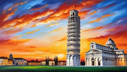 Tuinposter Oil painting on canvas, Pisa tower at sunset. Italy © Antonio Giordano
