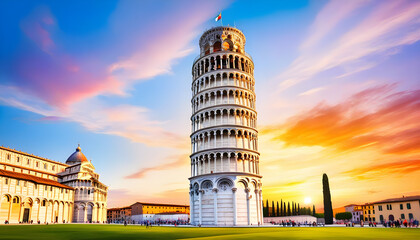 Oil painting on canvas, Pisa tower at sunset. Italy - Powered by Adobe