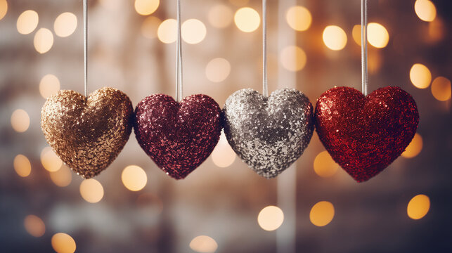 Valentine's Day ambiance with an enchanting collection of heart-shaped ornaments, featuring a burst of colors and glitter that adds a touch of magic to your celebration