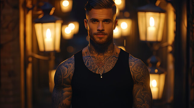 A portrait of a guy with tattoos, standing under a lantern in the dim light of an evening city