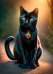 Majestic black cat with an old gold heart-shaped collar in a warm and intimate atmosphere.