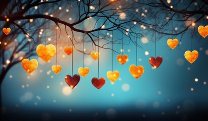 hanging heart shaped hearts on string with blue trees in the background - obrazy, fototapety, plakaty