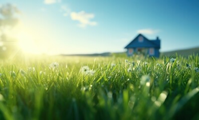 image of a field of green grass with a small house in the background
