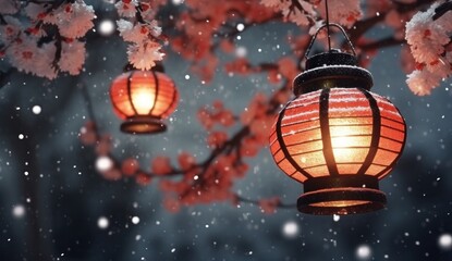 lanterns on a tree at night with snow