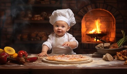 little baby boy in chef hat makes pizza