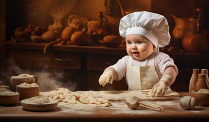 little baby boy in chef hat makes pizza