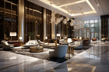 Opulent Modern Hotel Lobby with Chic Decor and Ambient Lighting