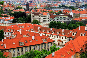 Fototapeta na wymiar Old medieval houses, building, red tiled roofs in Prague, Czech Republic, panorama. Historical buildings in Prague Czechia