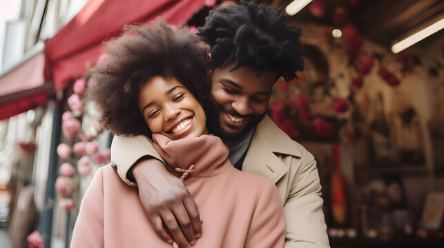 Portrait of a young black couple hugging, smiling against the background of a city shop. A man and a woman in love are enjoying Valentine's Day. The concept of romantic relationship for a photo shoot