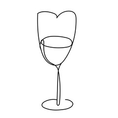 Abstract Wine glass vector in continuous line minimalist style.  Isolated, black and white vector simple artwork, design for romantic cards, holidays, gift tags.