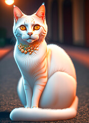 Beautiful white female cat with amber eyes with golden pearl necklace in an outdoor environment with street lamp light creating a dark light environment. 