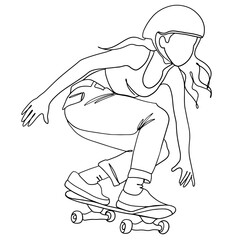 Crouched woman is rolling on a skateboard wearing a helmet linear vector art. Hand drawn vector in continuous line minimalist style of young skateboarder girl.