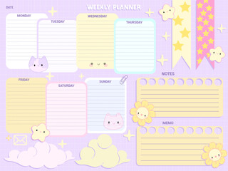 Cute inspiration notepaper kawaii design printable .  White pink purple yellow pages for tags , weekly notes,  to do list minimal style school timetable 