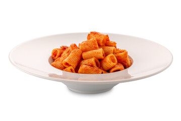 Macaroni mezze maniche pasta topped with tomato sauce ragout in white plate isolated