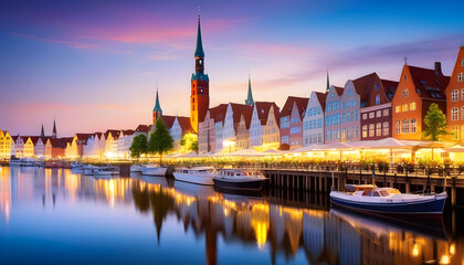 oil painting on canvas, Scenic summer evening view of the Old Town pier architecture in Lubeck, Germany.