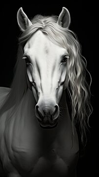 Andalusian horse with white coat color and light mane. Concept: Unique thoroughbred mare. A majestic artiodactyl animal. 