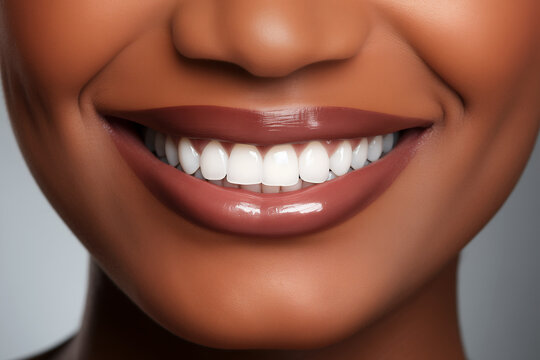 The lower part of an african female face. Beautiful smile with clean perfect teeth. Dental service advertisement. 