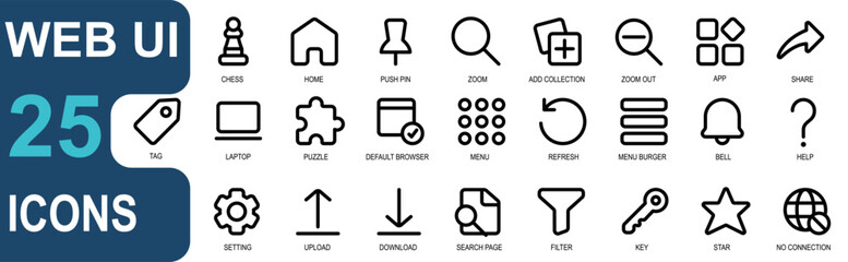 web ui icon set.outline style. contains game,chess,push pin,tag,magnifying,search,add collection,zoom out,menu,application,share,tag. vector graphics collection. suitable for UI and websites.
