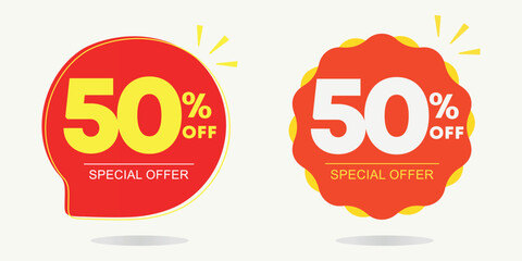 50% off. Tag special offer, sticker. Poster ten percent off price, value. Red and yellow balloon. Advertising for sales, promo, discount, shop. Symbol, icon, vector