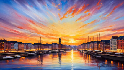 oil painting on canvas, Hamburg City at sunset. Germany.