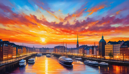 oil painting on canvas, Hamburg City at sunset. Germany.