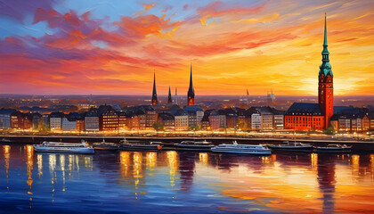 Fototapeta premium oil painting on canvas, Hamburg City at sunset. Germany.