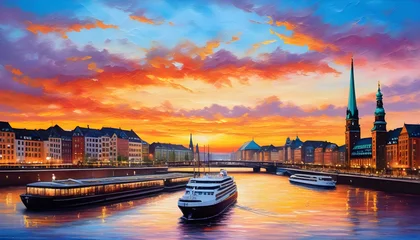 Foto auf Acrylglas Stockholm oil painting on canvas, Hamburg City at sunset. Germany.