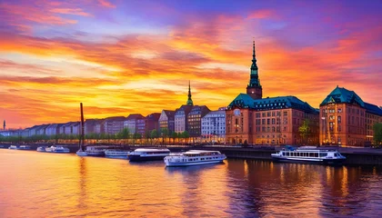 Fototapete Rund oil painting on canvas, Hamburg City at sunset. Germany. © Antonio Giordano