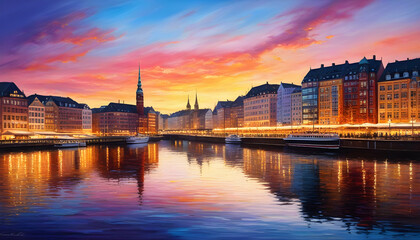 Fototapeta na wymiar oil painting on canvas, Hamburg City at sunset. Germany.