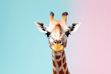 A giraffe head centered in the frame with a playful expression against a gradient blue and pink background.