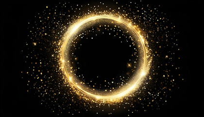 Gold glitter circle of light shine sparkles and golden spark particles in circle frame on black background. Christmas magic stars glow, firework confetti of glittery ring shimmer - obrazy, fototapety, plakaty