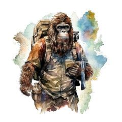 Watercolor Bigfoot, isolated, Image Sasquatch With backpack, binoculars and map in hand, helmet and space module, bright image, watercolour style on white background 