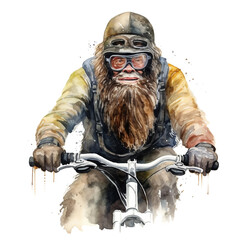 Watercolor Bigfoot, isolated, Sasquatch Cyclist: With bicycle and helmet, watercolour style on white background - obrazy, fototapety, plakaty