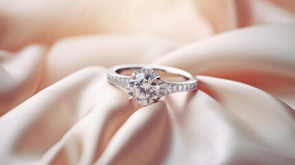 Closeup of a stunning diamond engagement cushion cut ring, featuring a wedding concept in a commercial style banner