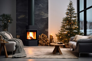 Modern house interior on Christmas. Big spacious living room with tall windows, Christmas tree and fireplace