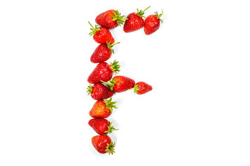English letter F made from strawberries on a white background, letter made from red strawberries