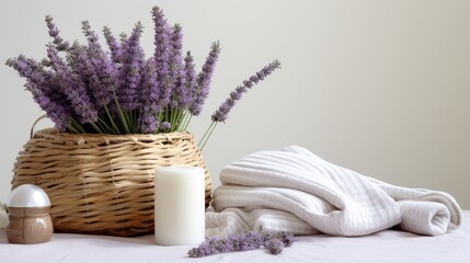composition with wicker basket, rolled towel and lavender flowers. This improves the overall mood and adds a touch of calm to the scene