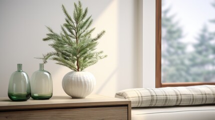 composition in the interior of a blue spruce branch, a vase and candles on a white bedside table. Well-balanced composition promotes realism