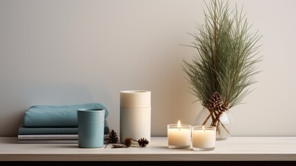 composition in the interior of a blue spruce branch, a vase and candles on a white bedside table. Well-balanced composition promotes realism
