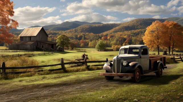 an old truck with unique details, aged textures and nostalgic elements. Rustic features such as faded paint, dents and classic designs