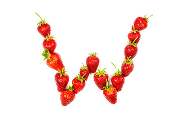 English letter W made from strawberries on a white background, letter made from red strawberries