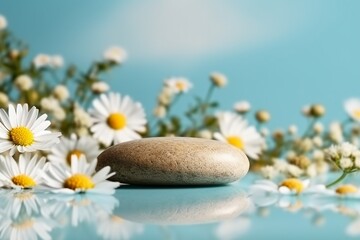 Obraz na płótnie Canvas Pebble stone cosmetic podium with chamomile flowers on bright turquoise background. Cosmetic display product stand. generative ai.