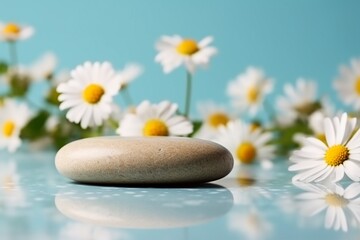 Fototapeta na wymiar Pebble stone cosmetic podium with chamomile flowers on bright turquoise background. Cosmetic display product stand. generative ai.