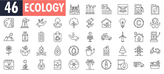 Ecology line icons set. Renewable energy outline icons collection. Solar panel, recycle, eco, bio, power, water and more.