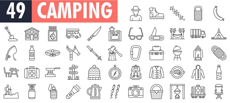 Camping line icons set. outline icons collection. camping. Contains such icons as camp, tools, caravan, adventure sport, campfire, and trekking. 