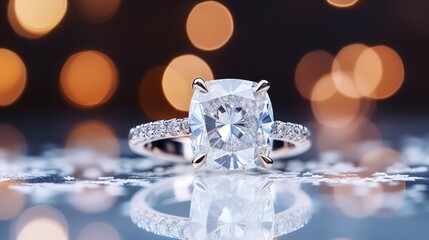 A stunning diamond cushion cut engagement ring on a wedding-themed commercial banner.