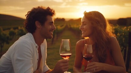 Couple sharing a romantic moment amidst sunset in a vineyard with glasses of wine.