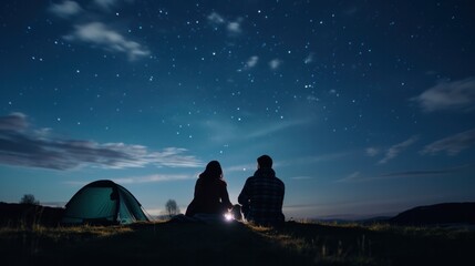 Couple stargazing under a beautiful night sky.