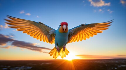 Colorful lovebird flying against a vivid blue sky with a beautiful sunset in the background