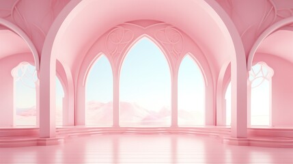 Empty pink room with ornate arch design and concert stage setup.